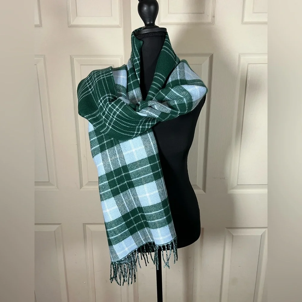 NWT J.Crew Plaid Green Blue and White Blanket Scarf